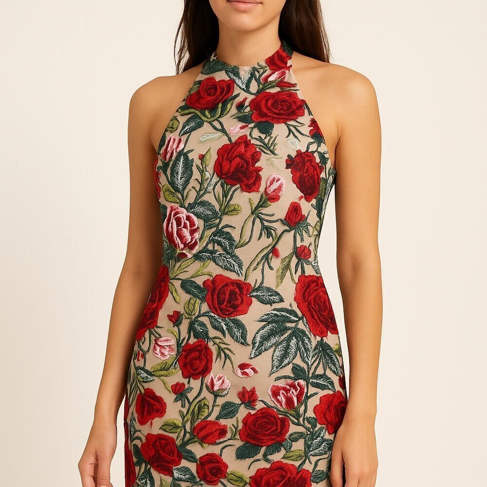 Mac Duggal 20758 Embroidered Rose Tulle High Neck Racerback Mini Dress Size 2